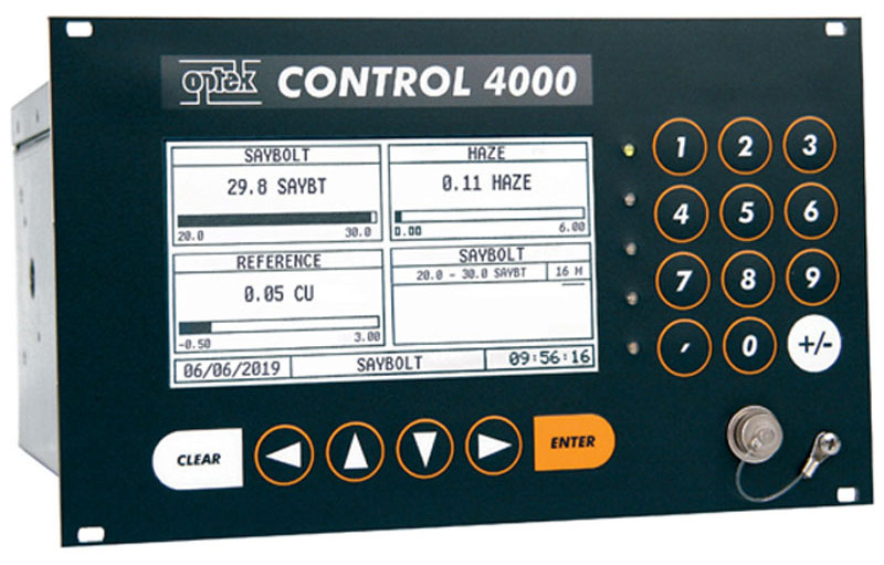 optek inline Saybolt color analyzer reading 29.8 Saybolt while measuring .11 haze in real-time